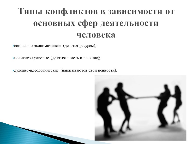 Типы конфликтов в зависимости от основных сфер деятельности человека социально-экономические (делятся ресурсы);  политико-правовые